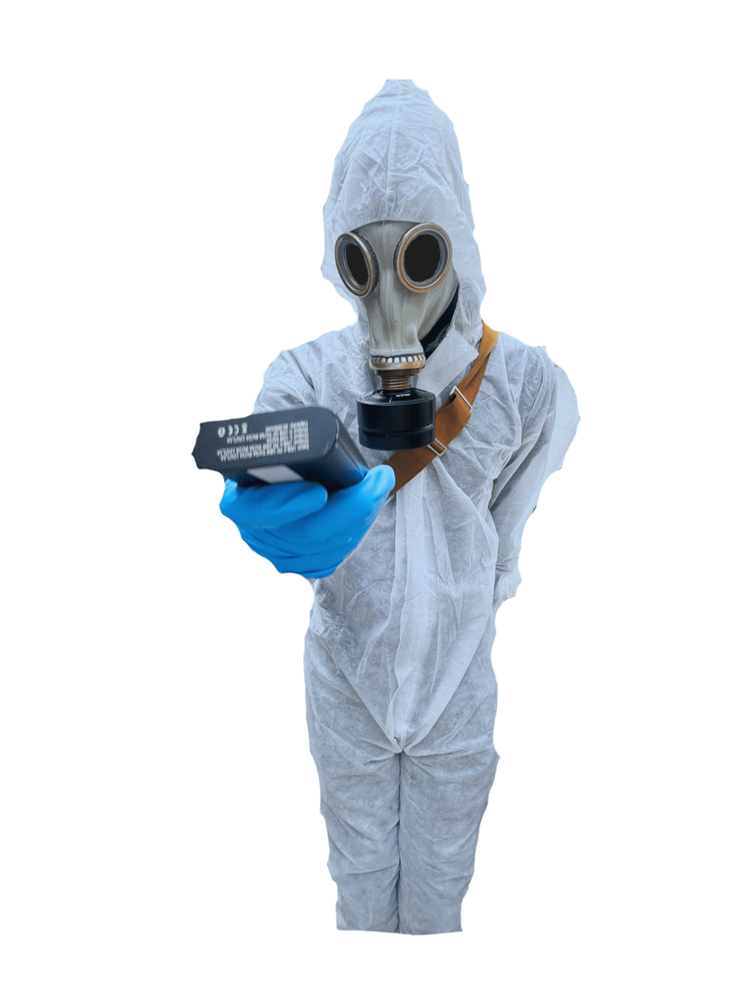 A figure in a hazmat suit and gas mask, standing at the edge of the clearing
