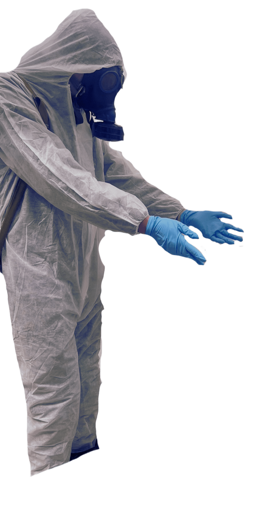 A figure in a hazmat suit, standing at the edge of the room with one arm reaching out